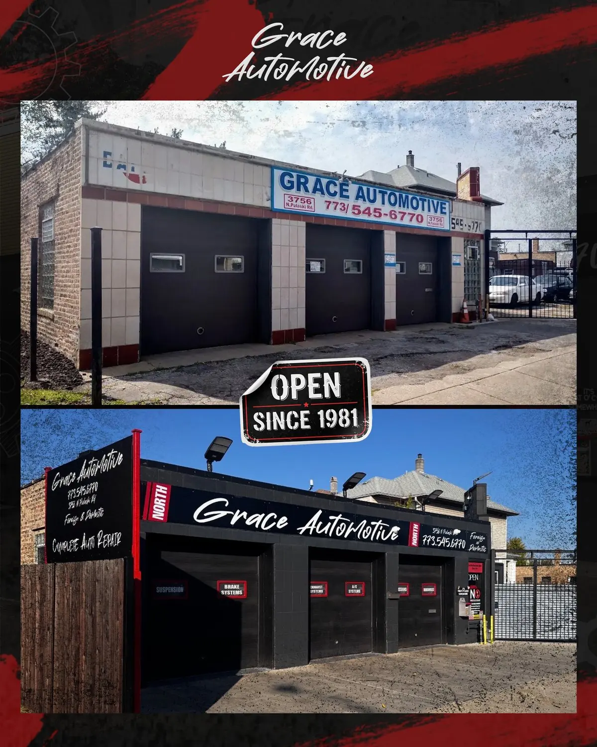 Grace Automotive before and after renovation — 3756 N Pulaski Rd, Irving Park Chicago, Open Since 1981