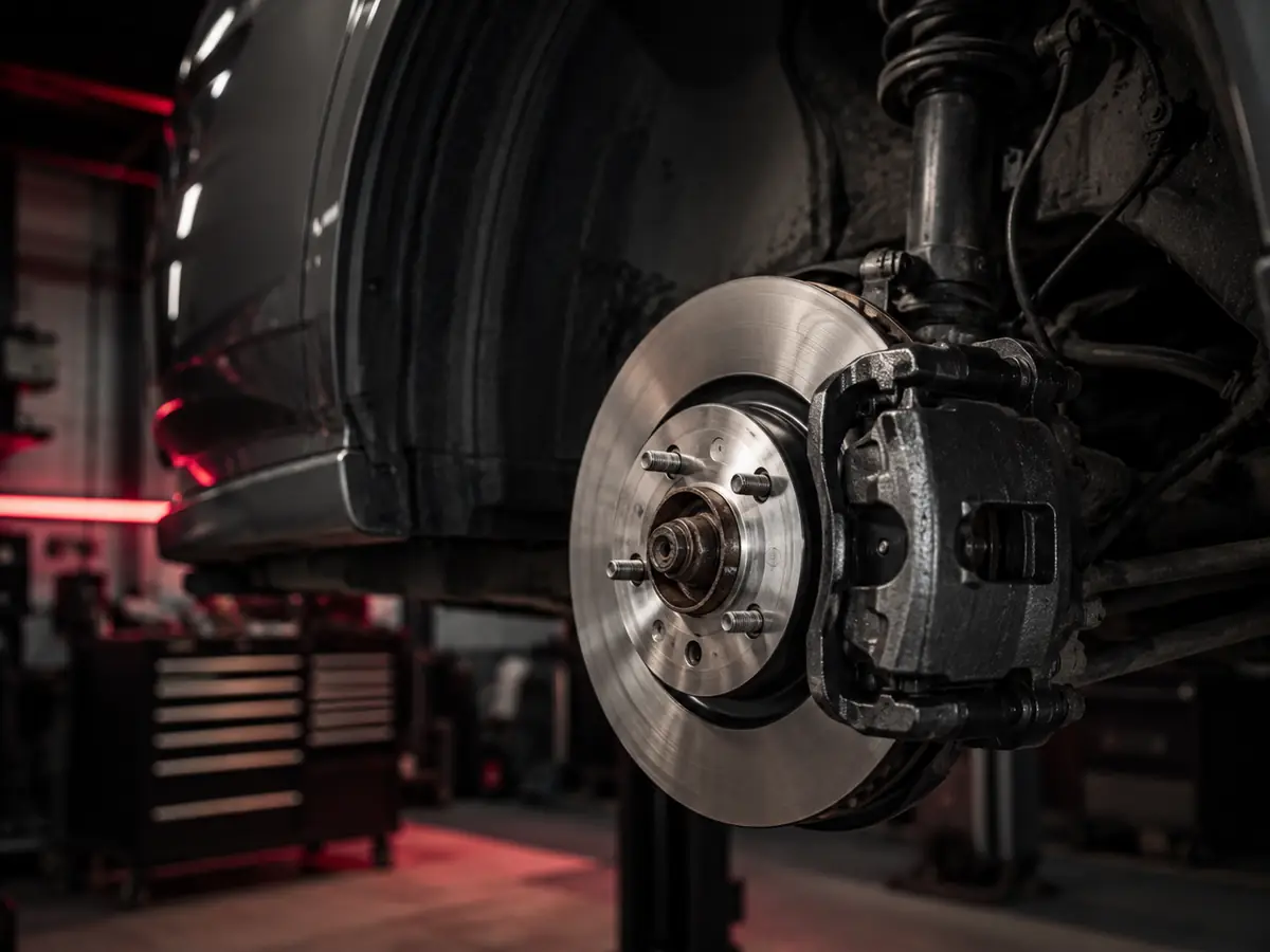 Brake rotor and caliper on a lift at Grace Automotive in Irving Park, Chicago