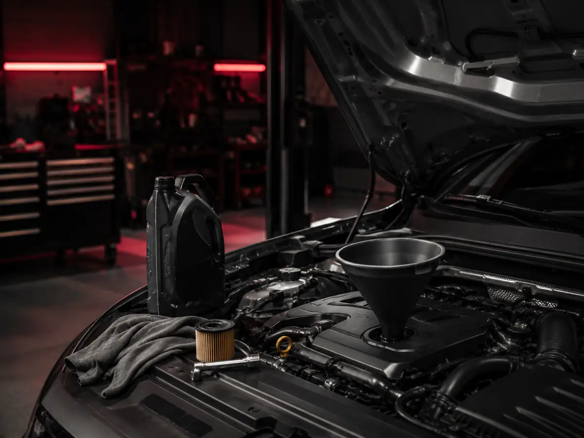 Oil change service — fresh oil, filter and funnel under the hood at Grace Automotive