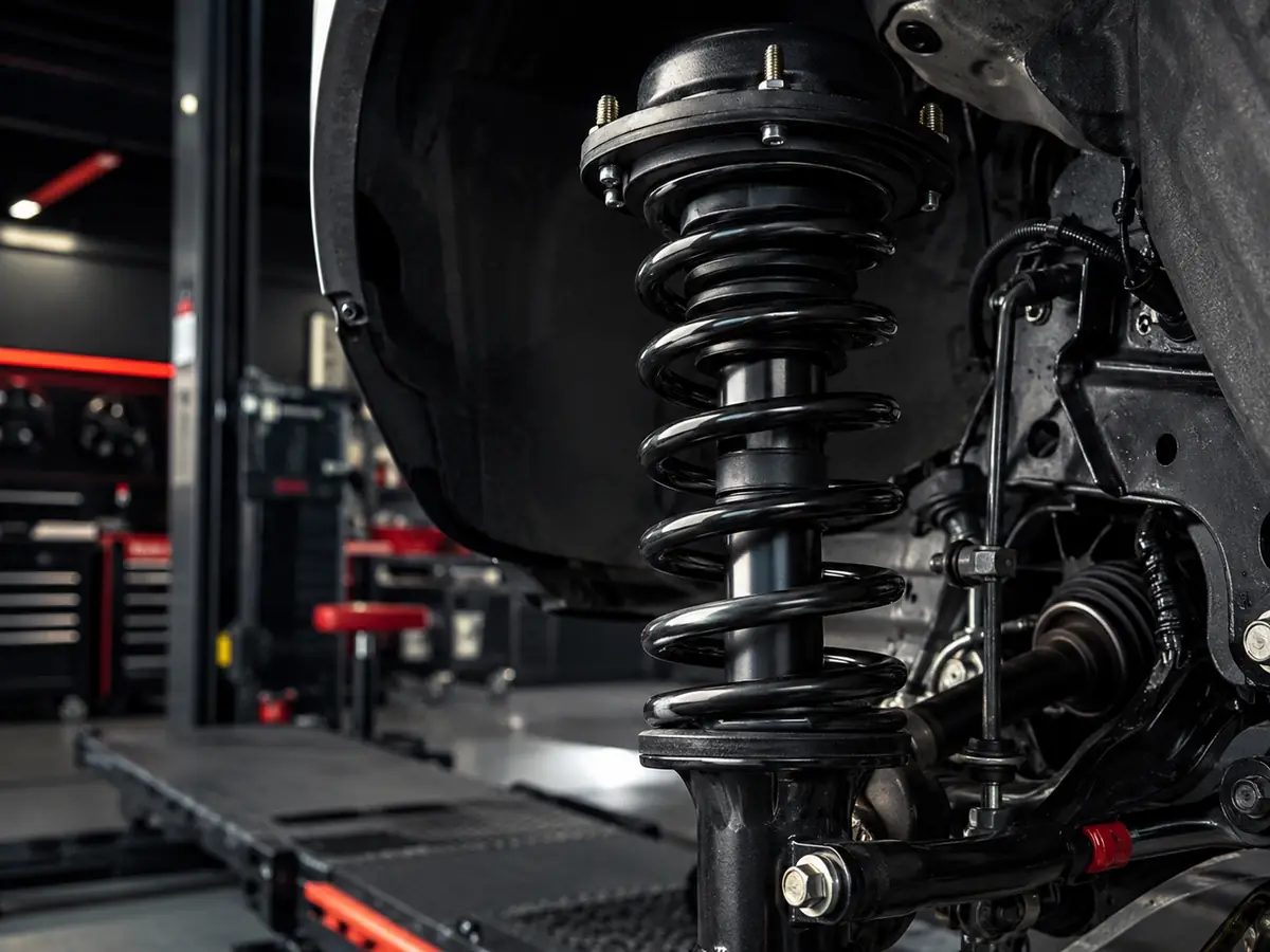 New strut and coil spring installed on a vehicle at Grace Automotive in Chicago